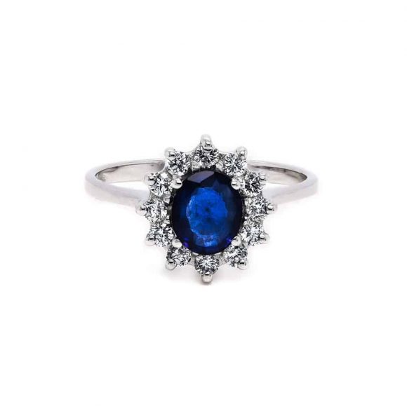 anello zaffiro e diamanti pavè in oro bianco