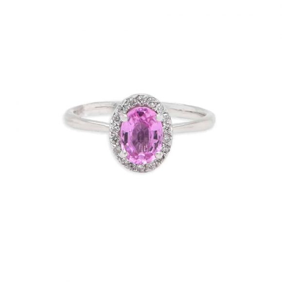 anello pavè zaffiro rosa e diamanti in oro bianco