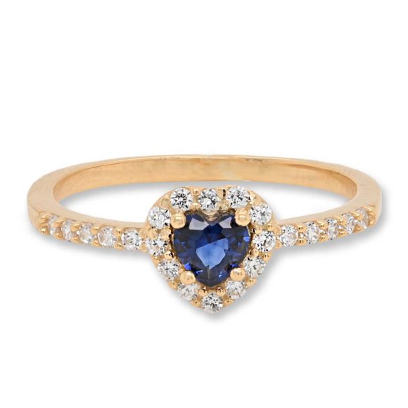 anello in oro giallo con cuore blu e pavè di zirconi